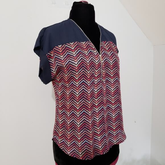 Chevron Striped Zipper Semi Sheer Short Sleeve Top Large Indie Boho Chic Retr - Picture 3 of 13